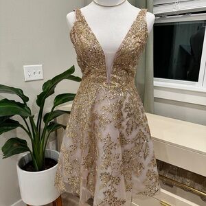 COYA Collection Rose Gold Embellished V-Neck A-Line Dress